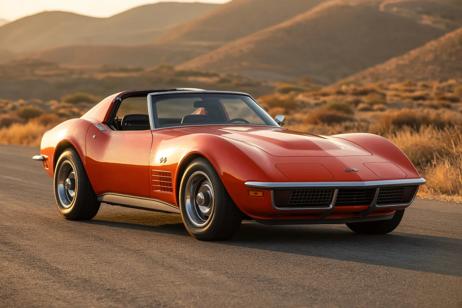A Chevrolet Corvette C3 in the evening light — the shark that stayed, waiting for the road to open. Editorial illustration.