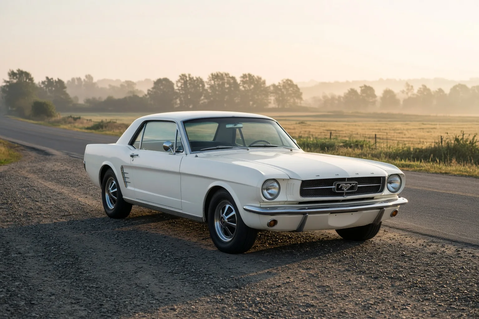 A first-generation Mustang in Wimbledon White, waiting on a quiet road. Some shapes never really age. Editorial illustration.