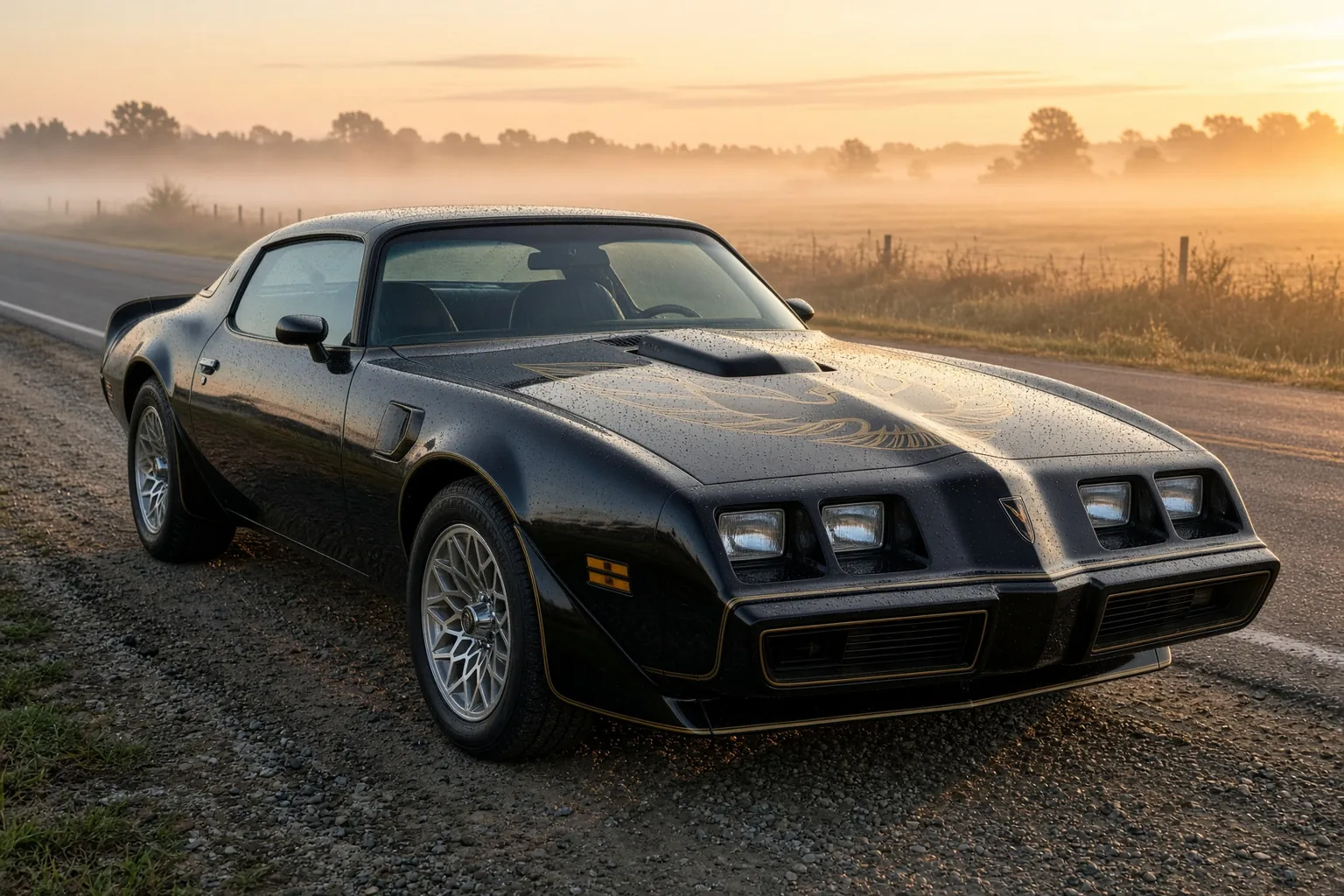 A 1979 Pontiac Trans Am in black and gold, waiting for the road to warm up. Editorial illustration.