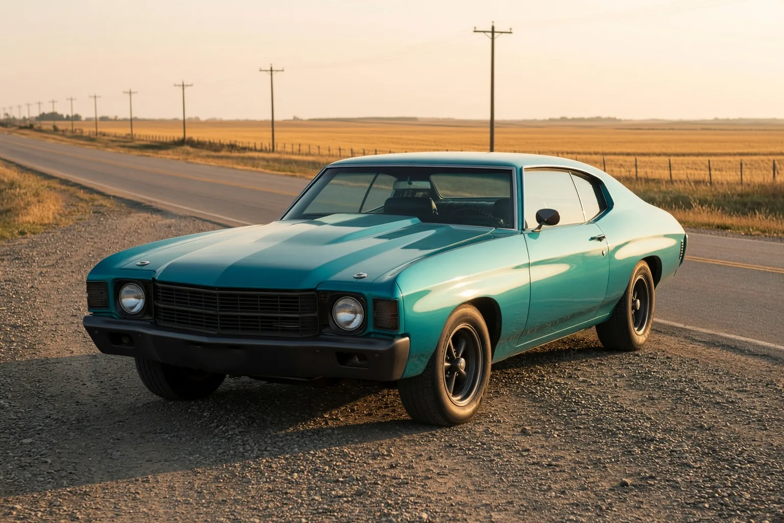 A 1970 Chevelle SS 454 waits on the shoulder of a quiet highway, all torque and no hurry. Editorial illustration.
