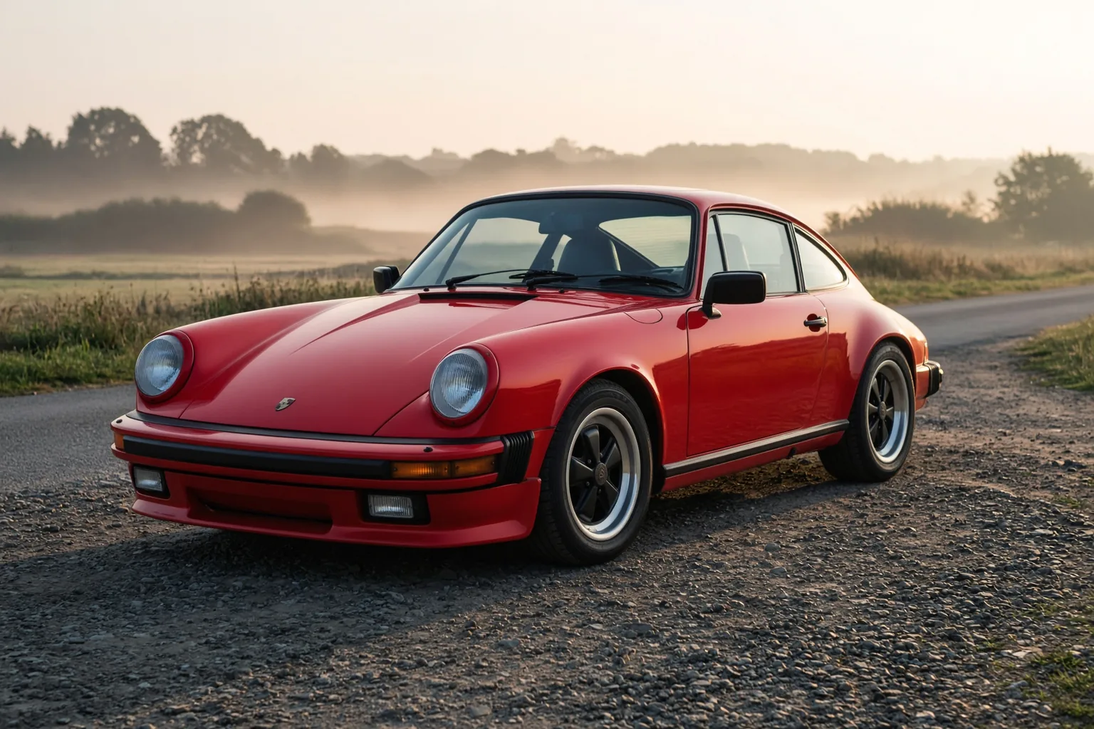 A Guards Red Carrera 3.2 waits on the verge. The flat-six is still cooling, and the morning is still young. Editorial illustration.